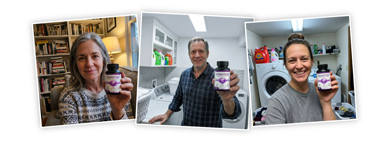 Three SodaTide customers photographed at home holding their bottles